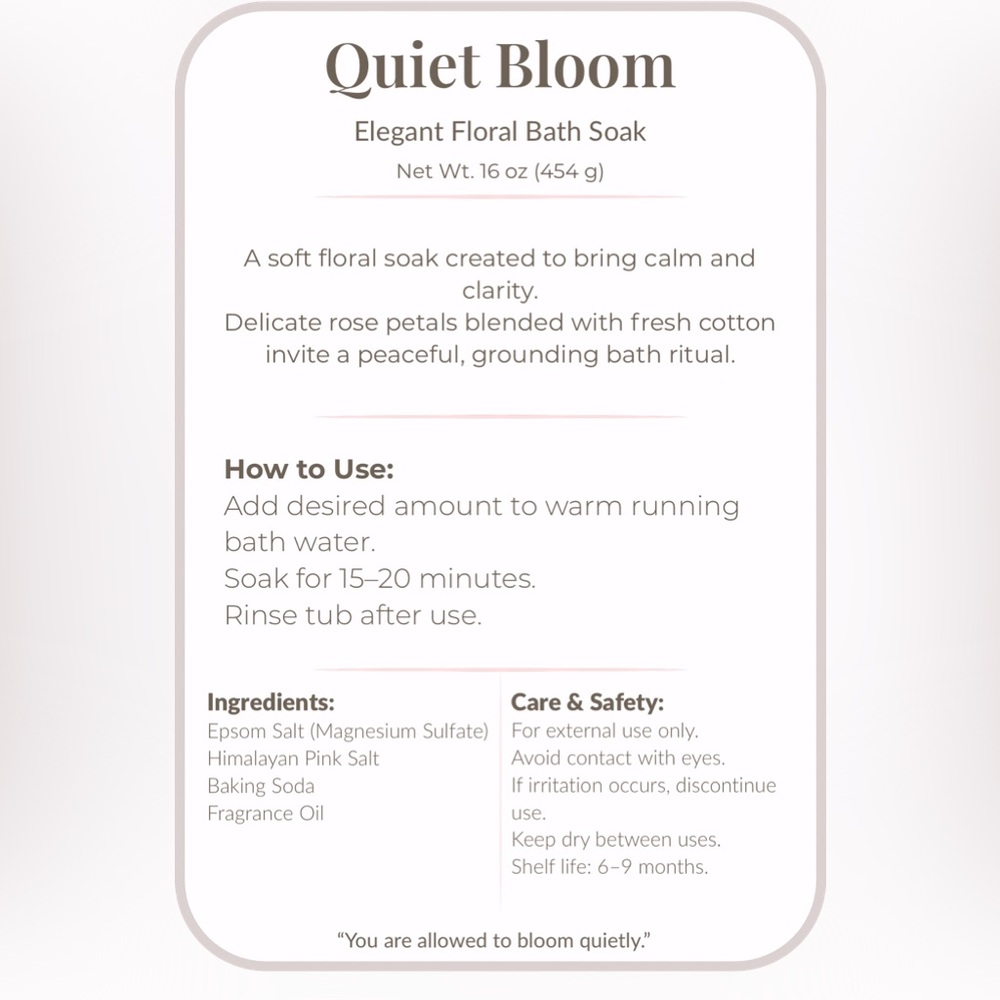 Large Rose Bath Soak 16 oz Quiet Bloom Fresh Cotton Handmade Spa Gift Relaxing - Picture 5 of 5